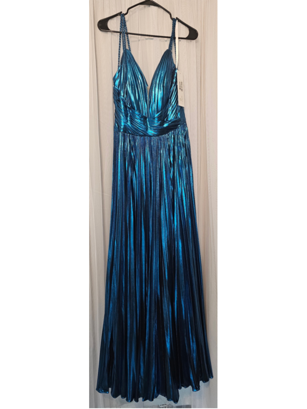 Women's Jovani 43795 Prom Dress Size 12 Metallic Blue Pleated Gown